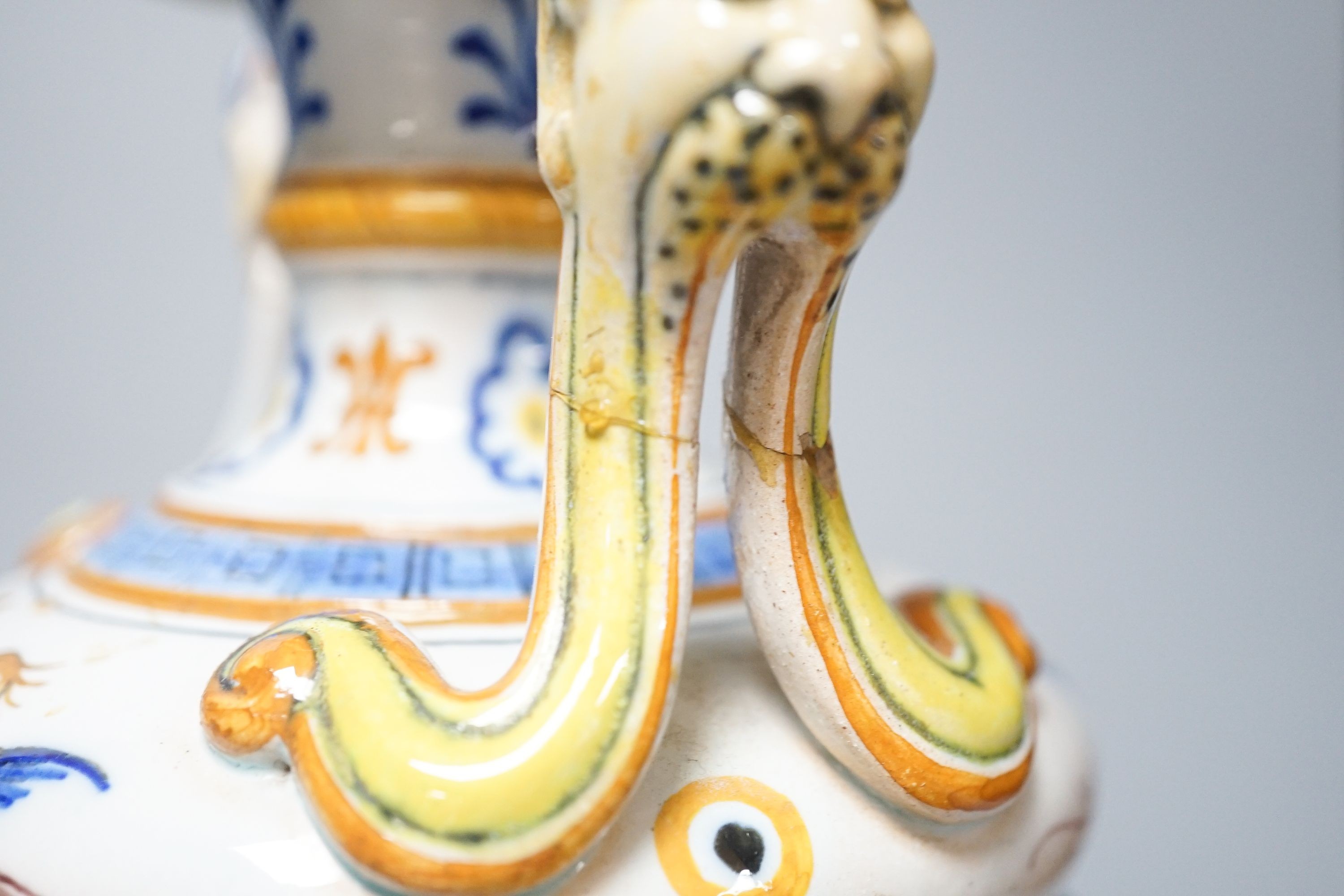 A Ginori maiolica two handled vase and Delft polychrome double cylinder teapot 27cm